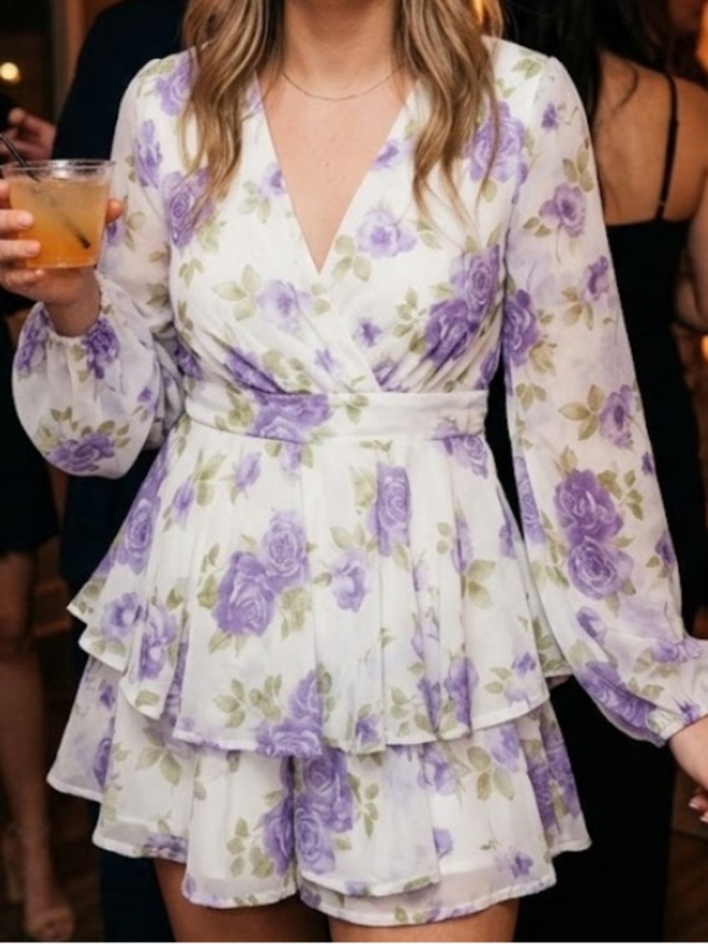 Audrey 3+1 White Romper with Lavender Rose Print Sz XS